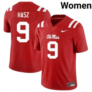 Miss Rebels Luke Hasz #9 Red Jersey | Genuine Stitched NCAA Football Women Apparel 39189725